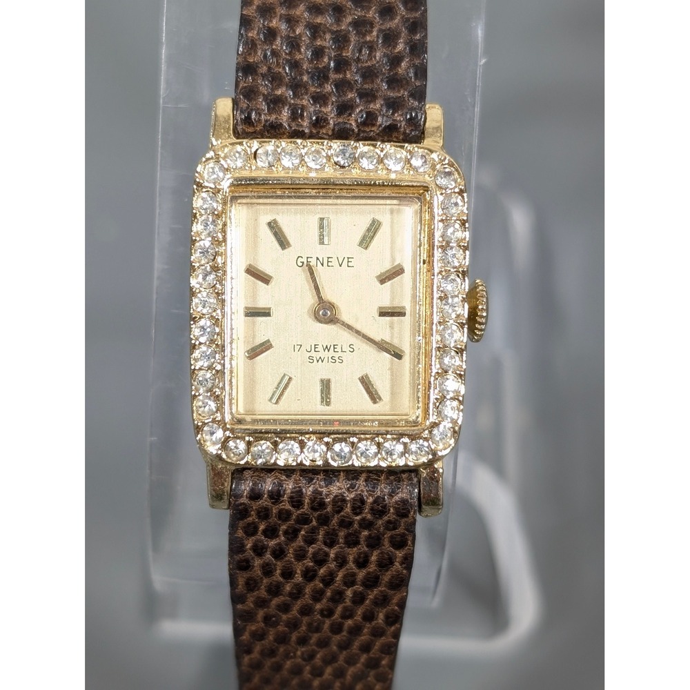 Vintage Geneve 17 Jewel Swiss Watch Women's Wind Up Rhinestone Petite 6"